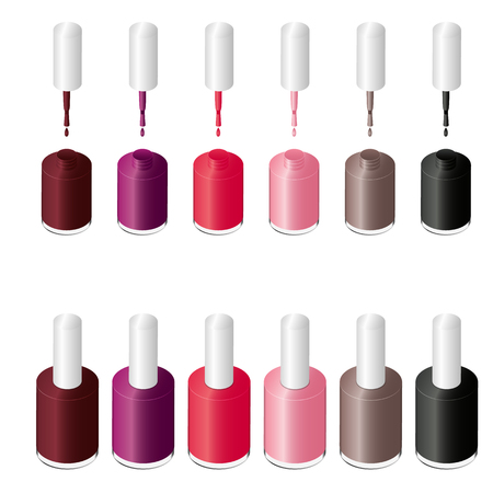 Isometric Nail Polish in the package. Glamorous tube of colored lacquers. Design for manicure beauty salon. Cosmetics for women. Set of various fashion colors. Vector illustration.のイラスト素材