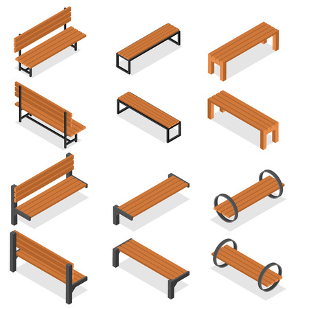 Set of wooden benches for the Park. Isometric style. A place to rest and wait. Decorative city element. Pew for people. Vector illustration.のイラスト素材