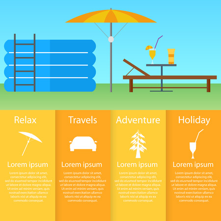 Inflatable pool, sun lounger under an umbrella. Flat style. A table with a cocktail and sunscreen. Infographics rest and relaxation. Weekend out of town. Vector illustration.のイラスト素材