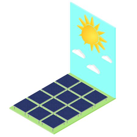 Isometric Horizontal solar panels. The sun, the sky and clouds. Save the planet. Alternative energy. Battery. Vector illustration.のイラスト素材