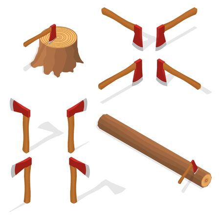 The isometric axe. Hack logs. The hatchet in the stump. Icon vector illustration.のイラスト素材