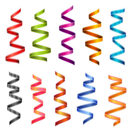Set of colorful ribbons and confetti. Decoration for New year, Christmas, birthday. Isolated on white background. A festive banner. The holiday fun. Vector illustration.のイラスト素材