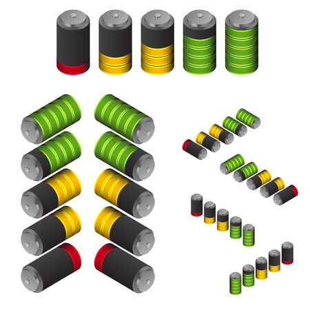 The battery life indicator. Isometric view. Flat discharged and fully accumulator electric charge. Set of different icons batteries smartphone. Isolated on white background. Vector illustration.のイラスト素材
