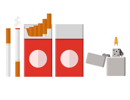 Pack of cigarettes. Flat style. lit lighter. The nicotine dependence. Addiction. The red packaging. Unhealthy habit. Vector illustration.のイラスト素材