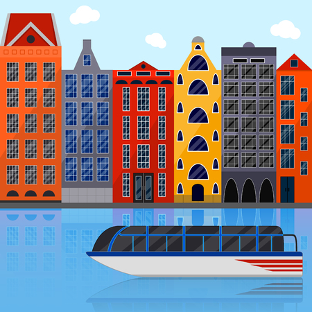 European house. Flat style. Tourist boat. The reflection in the water. Yacht in the city channel. Creative building. Vector illustration.のイラスト素材