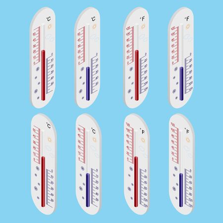 Outdoor thermometer. Isometric view. Celsius and Fahrenheit degree. The temperature meter. The scale degrees. Vector illustration.のイラスト素材