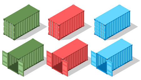 Large metal containers for transportation. Isometric view. Open and closed doors. Boxes of different colors. Delivery of cargo. Shipping. Vector illustration.のイラスト素材