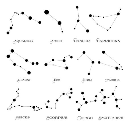 Set of twelve constellations. Zodiacal circle. Isolated on white background. Starry sky. Black stars. Horoscope, predictions and prophecies. Vector illustration.のイラスト素材