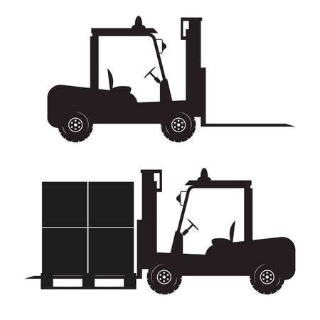 Silhouette of the forklift. Delivery of cargo. Loader icon. Isolated on white background. Vector illustration.のイラスト素材