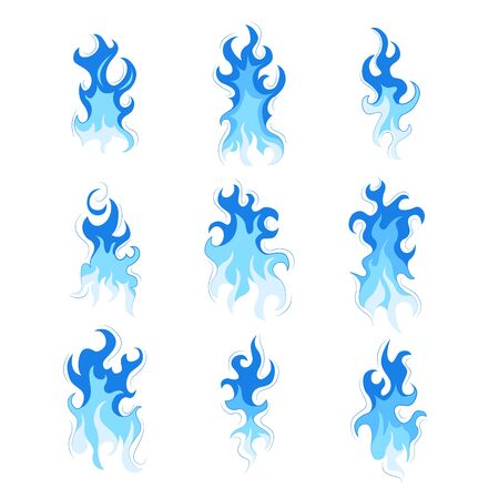 Set of fire. Flat style. Elements of a fire and fireplace. Blue color flash. Bright flame. Vector illustration.のイラスト素材