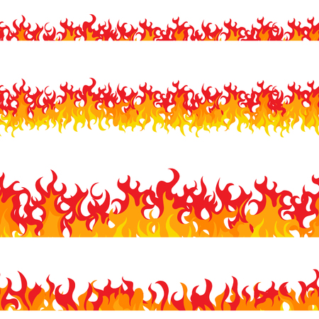 Set of seamless fire. Flat style. Elements of a fire and fireplace. Orange and red flashes. Bright hot flame. Frame for the banners. Vector illustration.のイラスト素材