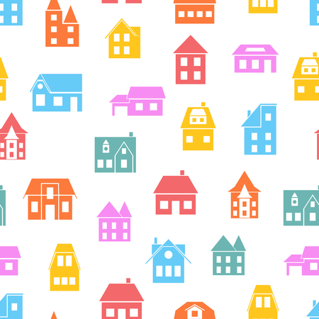 Seamless pattern of colored European houses. Background made of silhouettes of buildings.  Design for websites, cards, banners for construction company. Vector illustration.のイラスト素材