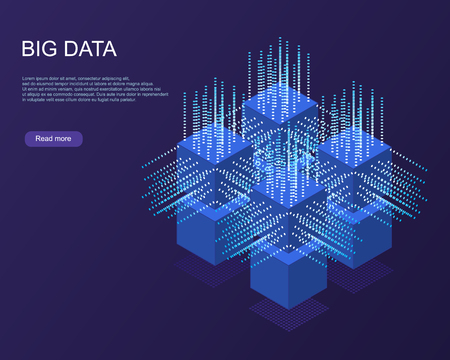 Digital Technology Web Banner. Big data Machine Learning Algorithms. Abstract banner analysis of Information. Isometric view. Science darck blue Background.のイラスト素材