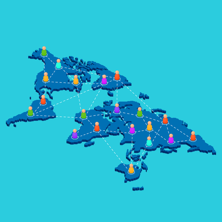 The world wide web. Networking around the world. The map in isometric view. Abstract people. Vector illustration.のイラスト素材