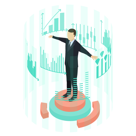 The man looks at the graphs statistics. Isometric view. Concept of business analysis. Virtual interface around the businessman. Vector illustration.のイラスト素材