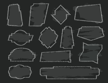 Set of asymmetric frames. White chalk plate on black Board background. Elements for text and menu decoration. Dialog icons. Vector illustration.のイラスト素材