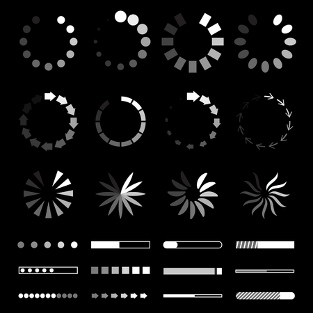 Circle web Preloaders and progress bar icons. loading elements. White and grey on black background....