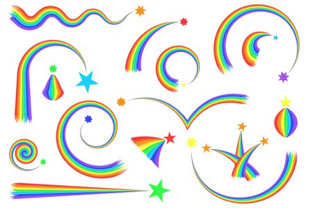 Cartoon rainbow and stars set. Arches, curves, round and wavy rainbow comets. The tail of a shooting star. Isolated on white background. Vector illustration.のイラスト素材