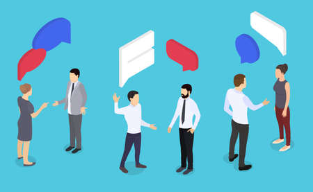 Businessman and businesswoman dialogues. Speech bubbles in isometric view. Man and woman...