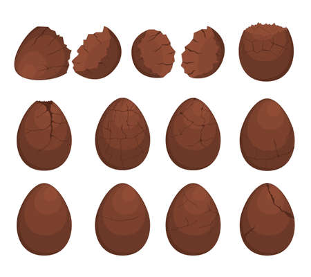 Chocolate egg set. A cracked, broken, exploded eggshell. Two halves of the shell. Sweet Easter dessert. Flat vector illustration.のイラスト素材