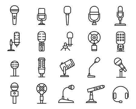 Microphone linear icons set. Equipment for podcasts, concerts, and speakers. Simple design for websites and mobile apps. Vector illustration isolated on a white background.のイラスト素材