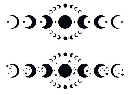 Moon phases silhouettes with stars. Black crescent icons. Night space astronomy. Lunar eclipse. Vector illustration isolated on a white background.のイラスト素材