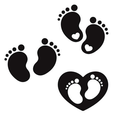Baby feet silhouette. Footprint inside of black heart. Footstep with a heart. Vector illustration.のイラスト素材