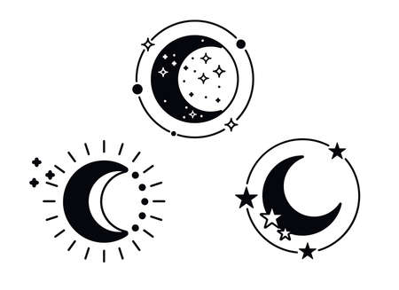 Moon silhouettes with stars. Black crescent icons. Night space astronomy. Lunar eclipse. Vector illustration isolated on a white background.のイラスト素材