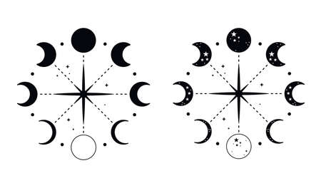 Moon phases in a circular composition. Black crescent moon with stars. Vector illustration.のイラスト素材
