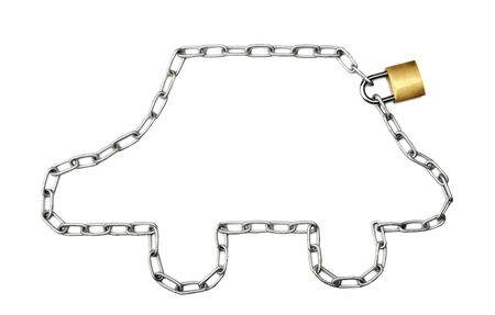 Chain in the shape of a car locked with a padlockの写真素材