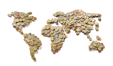 Global money map. World map made of money coins isolated on white backgroundの写真素材