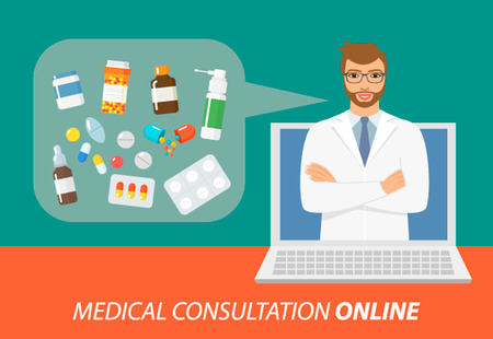 Online consultation and medical care flat illustration concepts set. Flat design concepts for web banners, web sites, printed materials, infographics.のイラスト素材