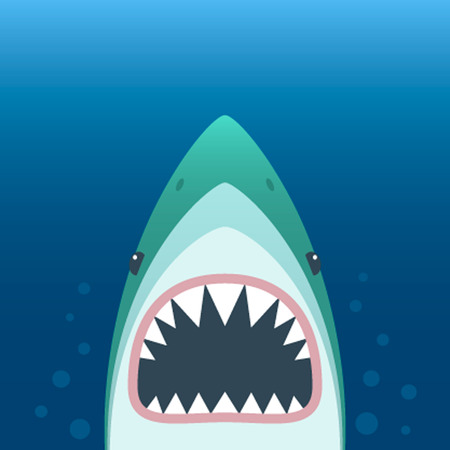 Shark with open mouth. Shark isolation on a blue background. Shark Face with teeth and jaw.のイラスト素材