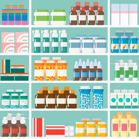 VariouVector illustrations pills and drugs Sell Display on the shelves of pharmacies. Modern flat designのイラスト素材