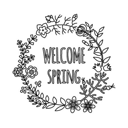 Flat illustration in a linear style with the text "Welcome Spring". A wreath of flowers on a white background is insulatedのイラスト素材