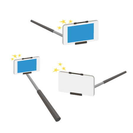 Selfies adhere to a set of icon illustration. Selfie stick on a white background. Selfie stick photo camera isolated. Selfies tools Selfie stick camera. Selfie stick tools from different anglesのイラスト素材