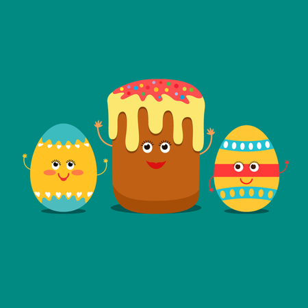 Celebrities Funny Easter eggs and cake. flat vector illustration isolation in a cartoon style.のイラスト素材