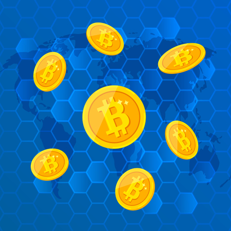 falling gold bitcoins on a modern techno background.のイラスト素材