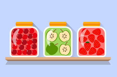 Home canned fruit - compotes and jam. Vector cartoon style illustrationのイラスト素材