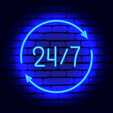 Neon sign - works round the clock 7/24. vector illustrationのイラスト素材