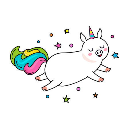 A funny character of a unicorn pig in a cartoon style. Linear vector illustration in a linear styleのイラスト素材