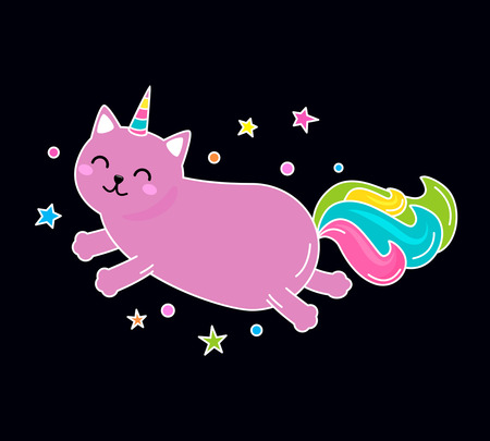 A funny unicorn cat character jumps across the sky.のイラスト素材