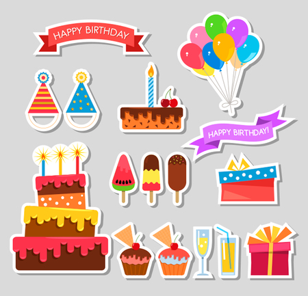 Celebration happy birthday party symbols carnival festive set. flat vector illustrationのイラスト素材