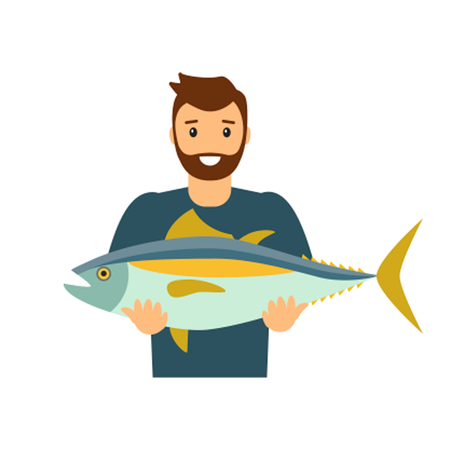 The fisherman shows the catch. Flat icon isolated on white backgroundのイラスト素材