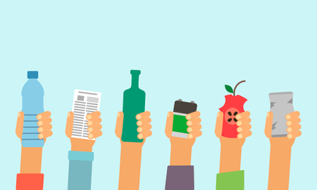 People in their hands hold different garbage. Concept of garbage processing. Flat vector illustrationのイラスト素材