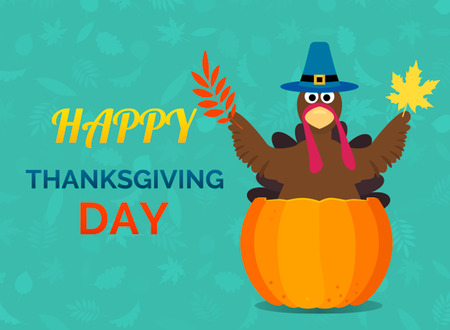A postcard with a turkey for Thanksgiving in a cartoon style. Funny illustration isolated on a blue...