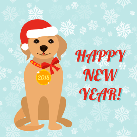 Christmas card - funny dog ??snowy winter background. The dog is a symbol of 2018. Vector illustration.のイラスト素材