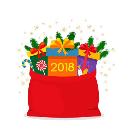 A bag of Santa Claus full of gifts, candy with the branches of a Christmas tree. Greeting card with 2018! black and white backgroundのイラスト素材