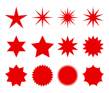 a set of fashionable forms of retro stars. design elements Sunburst. . Red beams firework. Best for sale sticker, price tag, quality mark. flat vector illustration Isolated on white background.のイラスト素材
