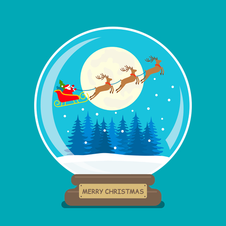 Christmas glass ball - inside Santa on sleds and deer against the background of the full moon. vector illustration isolated on blue backgroundのイラスト素材
